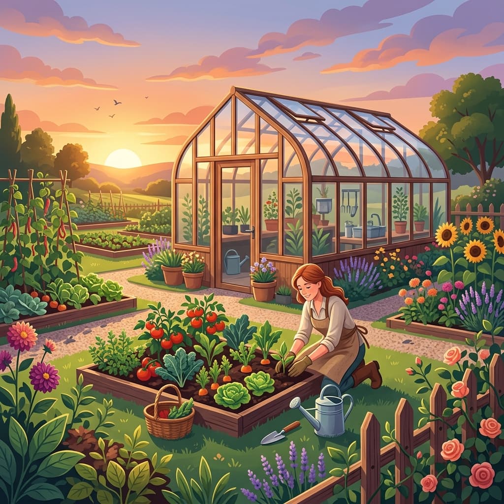 Jardin paisible au coucher du soleil